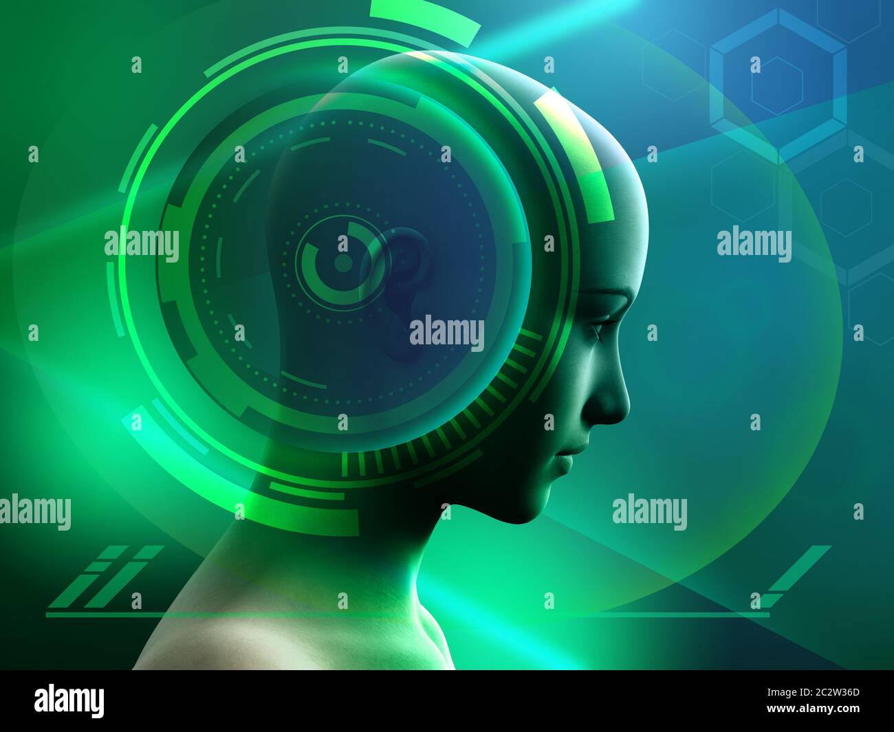 Testa umana con alcuni elementi di interfaccia ad alta tecnologia. Illustrazione digitale. Foto Stock