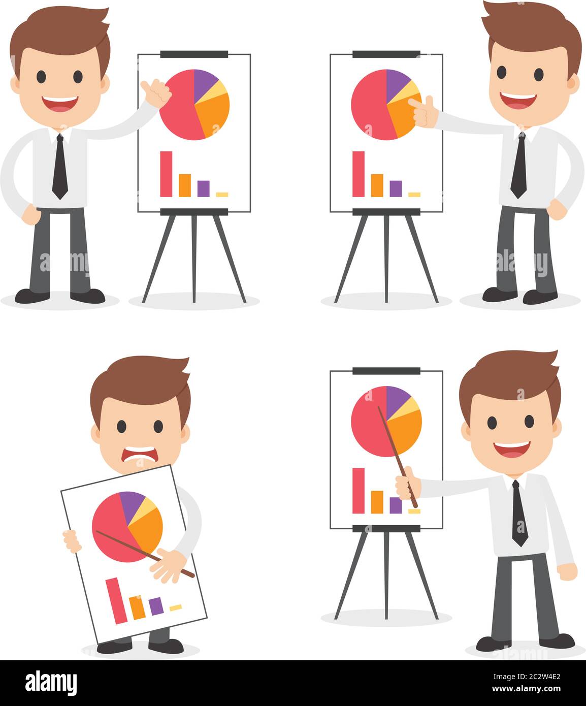 Un uomo d'affari fumetto divertente con una tabella di presentazione. Illustrazione Vettoriale