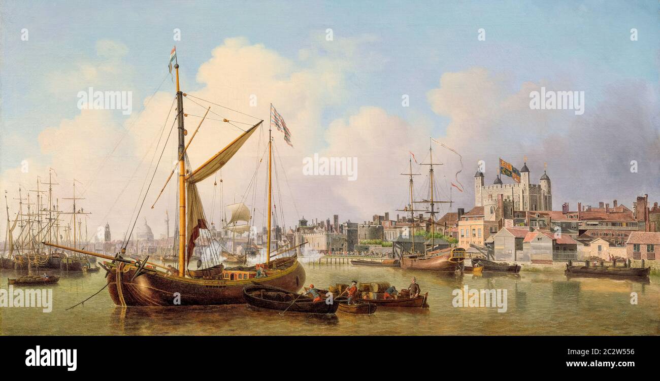 Il Tamigi e la Torre di Londra, presumibilmente il giorno del compleanno del Re, dipinto di paesaggio di Samuel Scott, 1771 Foto Stock