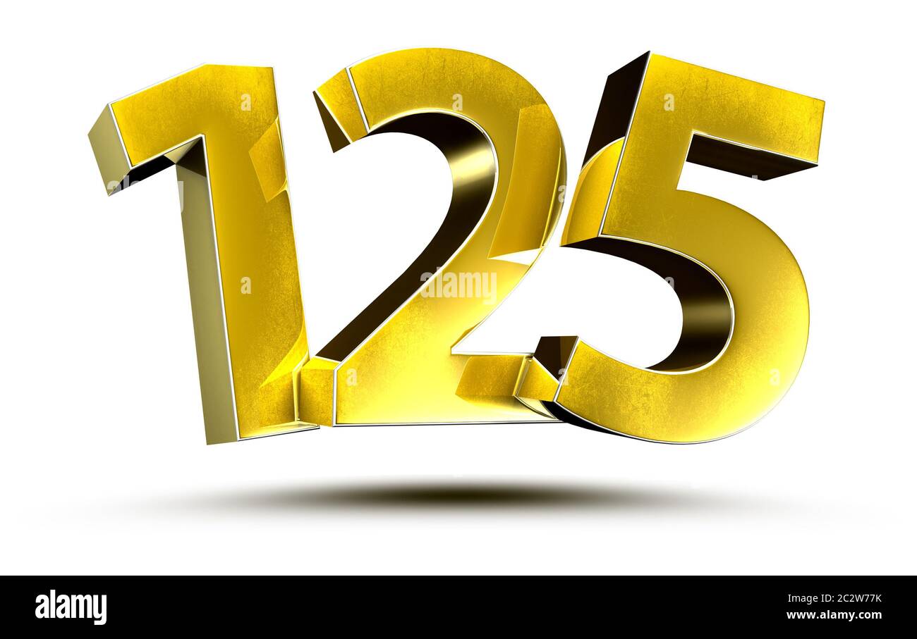 Illustrazione 3D numeri 125 oro isolato su sfondo bianco.(con tracciato di ritaglio) Foto Stock