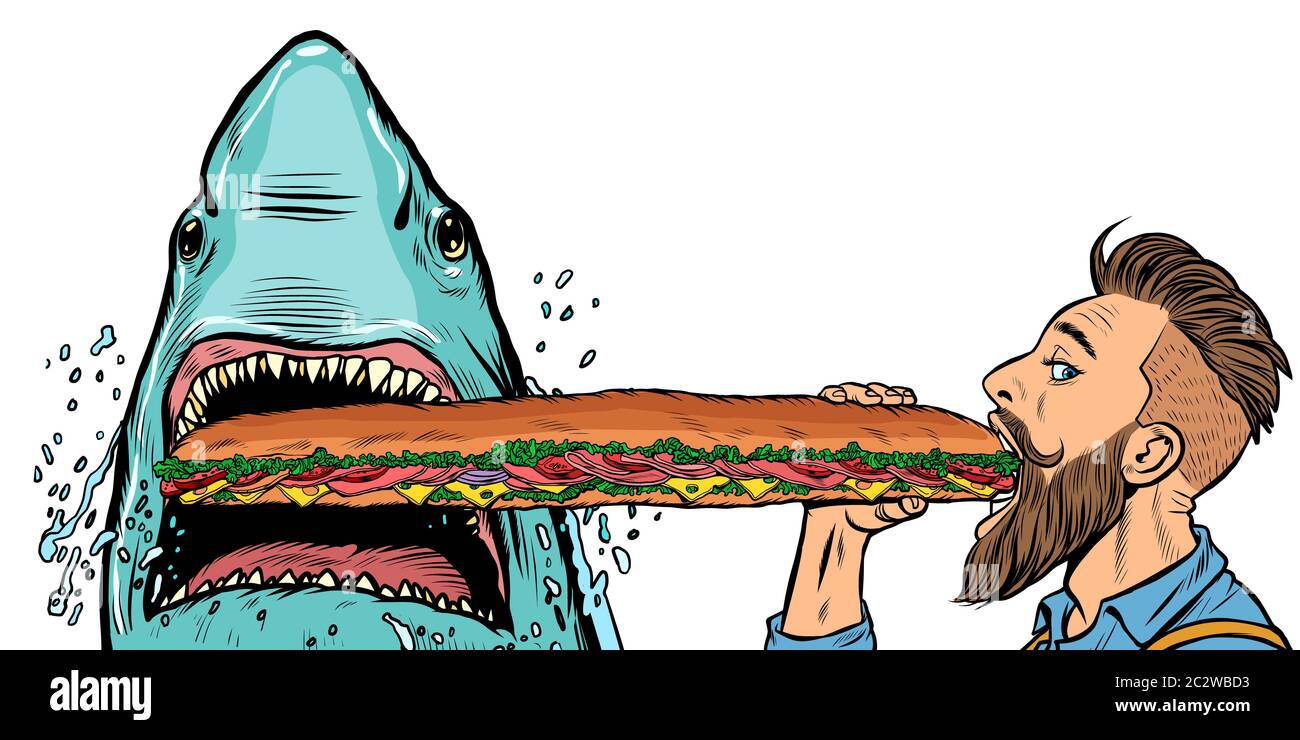 Lo squalo e uomo di mangiare i sandwich fast food. La fame e la cucina di strada concetto.. La Pop art retrò illustrazione vettoriale disegno Foto Stock