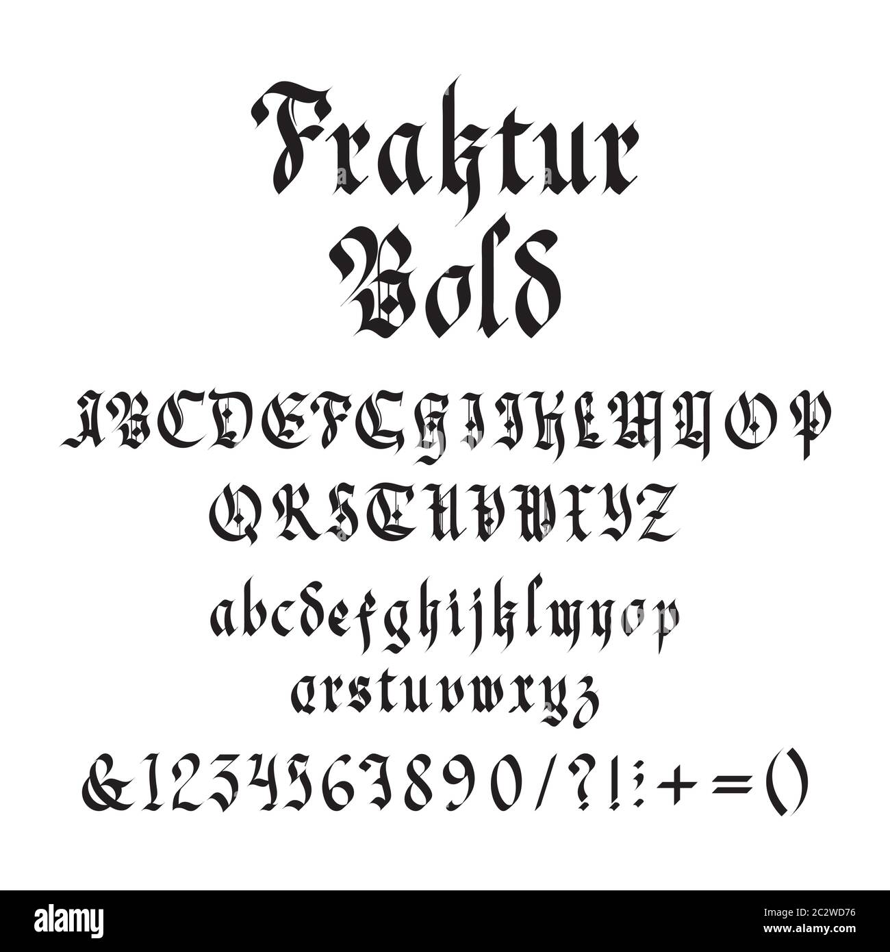 Immagine vettoriale in grassetto gotica vintage. Lettere, numeri, simboli e segni distintivi in caratteri maiuscoli e maiuscoli Illustrazione Vettoriale