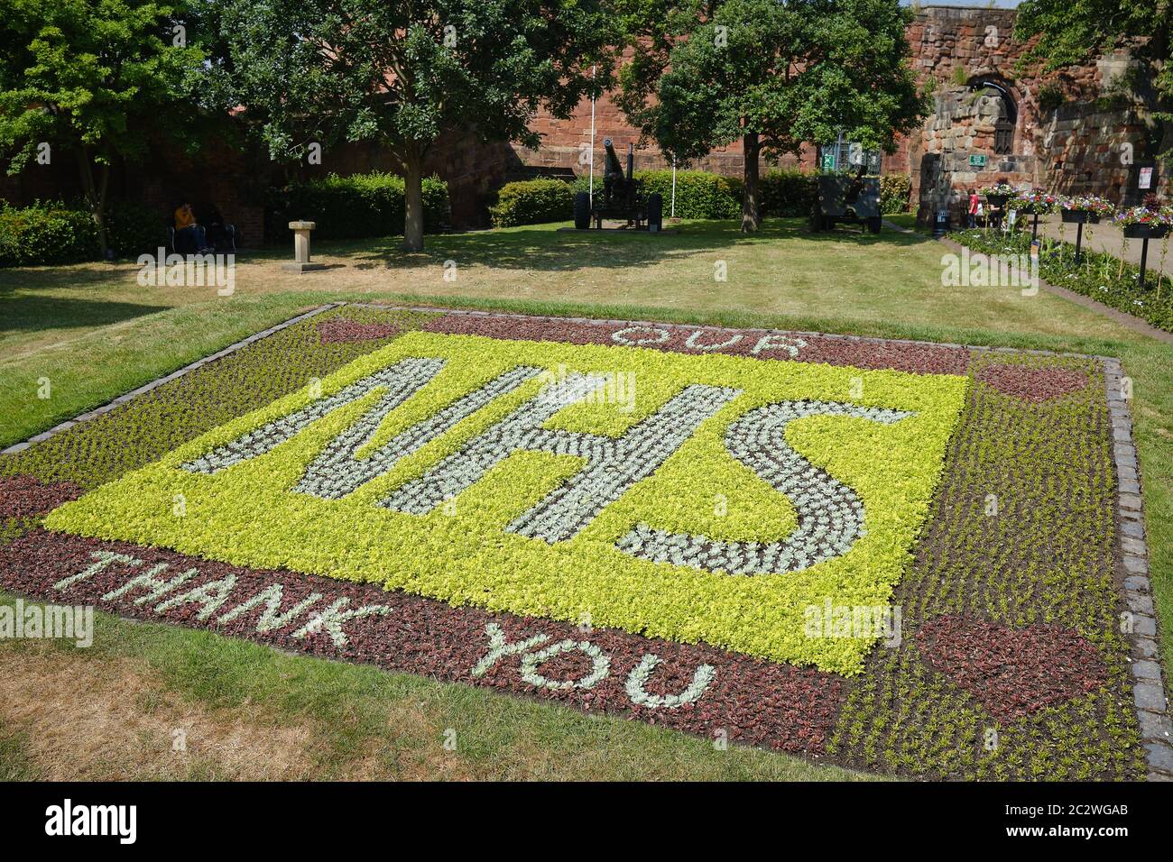 'Grazie NHS' segno in fiori colorati in un letto di fiori Foto Stock
