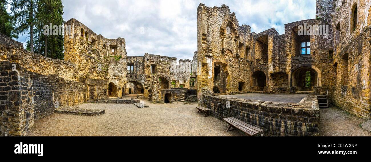 Rovine del vecchio castello, antico edificio in pietra, Europa, panorama. Architettura europea tradizionale, luoghi famosi per il turismo Foto Stock
