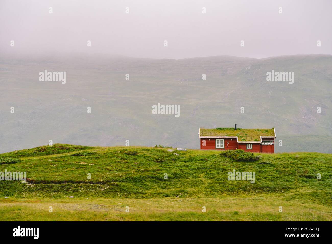 Capanna di montagna in legno capanne di montagna in Norvegia passo di montagna. Paesaggio norvegese con tipiche case scandinave sul tetto in erba. Montagna Vill Foto Stock