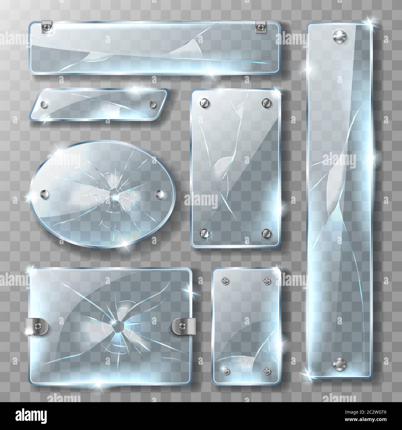 Striscioni o piastre in vetro fessurato con supporto in metallo e bulloni, illustrazioni vettoriali realistiche. Pannello in vetro acrilico blu rotto in bianco con chiusura in acciaio AN Illustrazione Vettoriale