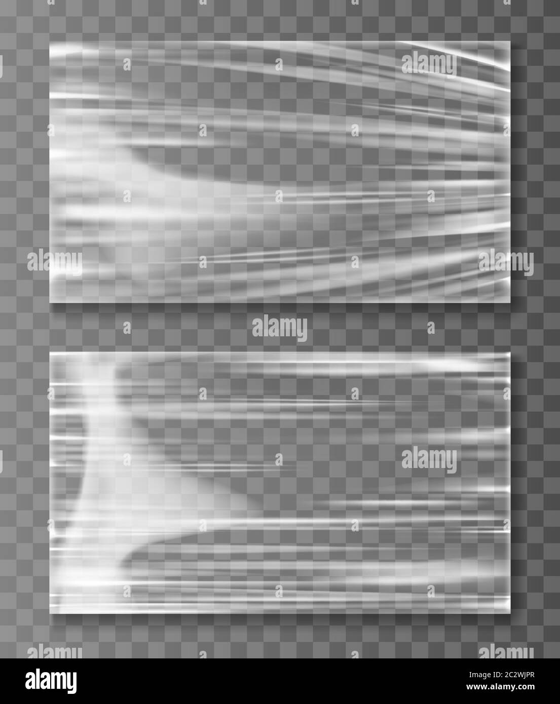 Banner cellofano allungato, immagine vettoriale realistica con trame piegate o sminuzzate. Tappo in polietilene trasparente trasparente trasparente del contenitore in plastica, nastro o Illustrazione Vettoriale