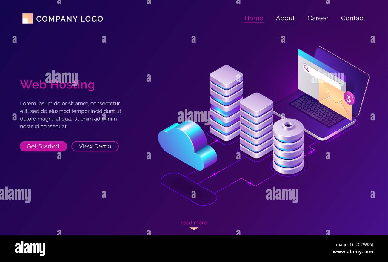 Web hosting, banner Web vettoriale isometrico. Icone server 3D, computer portatile aperto con busta dei messaggi non letta, cloud di elaborazione e connessioni su ulstrada Illustrazione Vettoriale