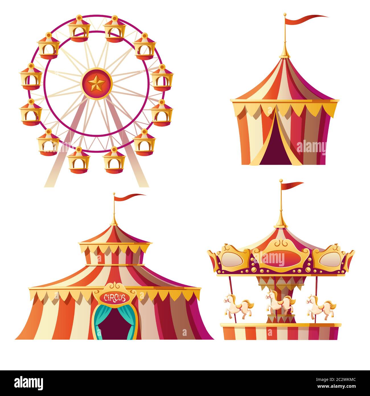 Parco di divertimenti, carnevale o fiera cartoon illustrazione vettoriale. Allegro-go-round, tenda circo e ruota di ferris, elementi per bambini divertimento estivo i Illustrazione Vettoriale