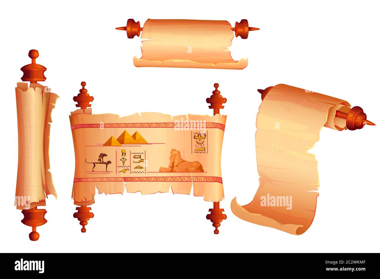 Antico Egitto papiro scorrere cartoon vettore set, vuoto e con geroglifici e simboli religiosi cultura egiziana, antica sfinge e piramide faraone Illustrazione Vettoriale