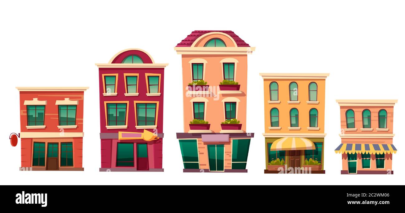 Edifici residenziali urbani retrò con piccoli negozi e caffè, set cartoon illustrazione vettoriale. Case d'epoca con ristorante, panetteria o negozi locali è Illustrazione Vettoriale