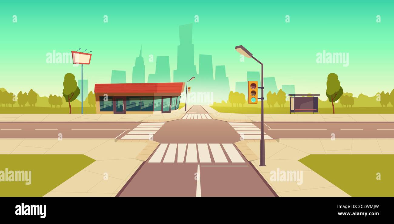 Paesaggio urbano con fermata dei trasporti pubblici e edificio di servizio a bordo strada, cartoon vettore background. Paesaggio urbano con crocevia, semafori, Illustrazione Vettoriale