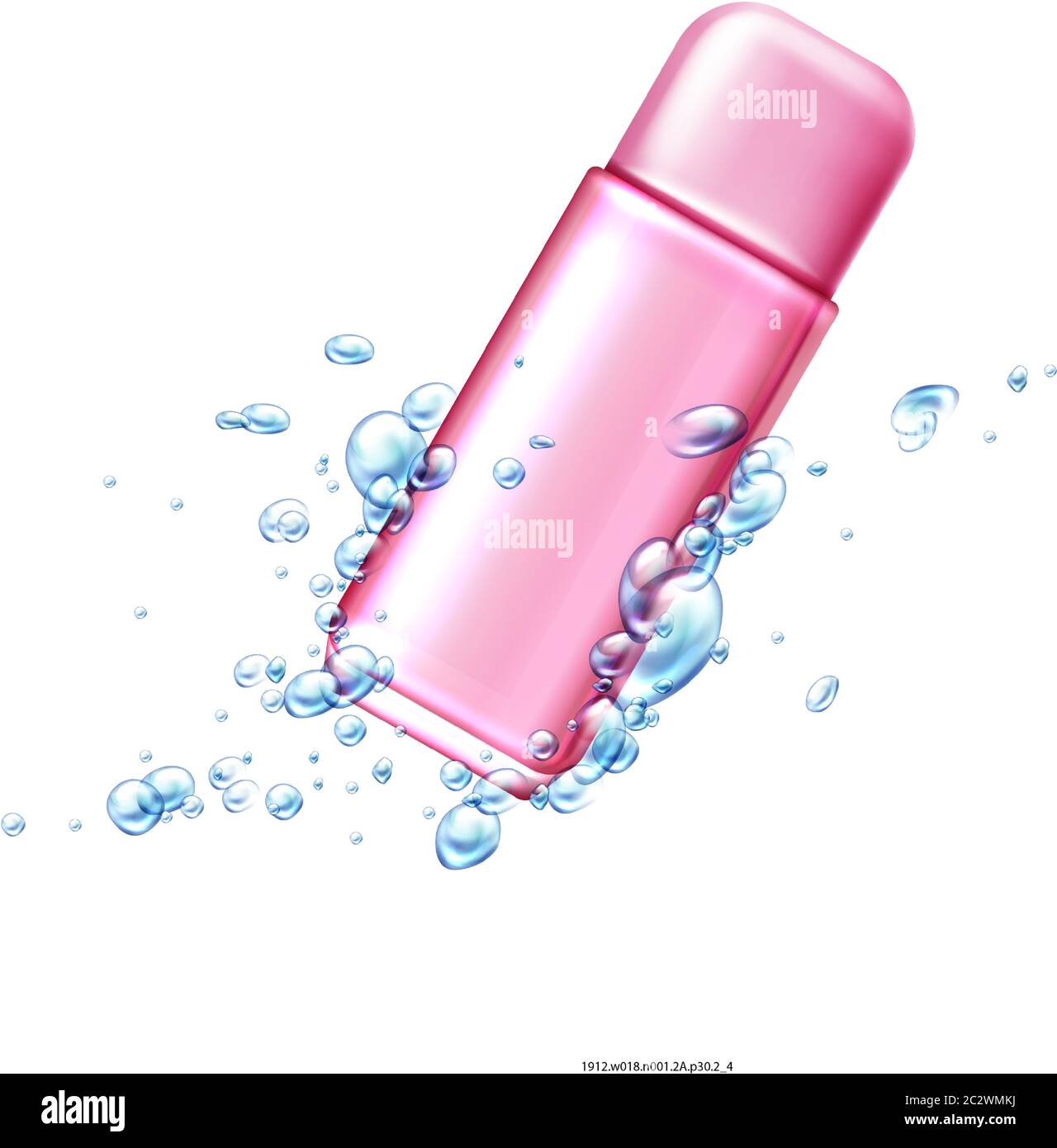 Deodorante spray in bomboletta aerosol di alluminio con bolle d'aria o gocce d'acqua vettore prodotto cosmetico realistico, antitraspirante in bottiglie di metallo rosa con p. Illustrazione Vettoriale