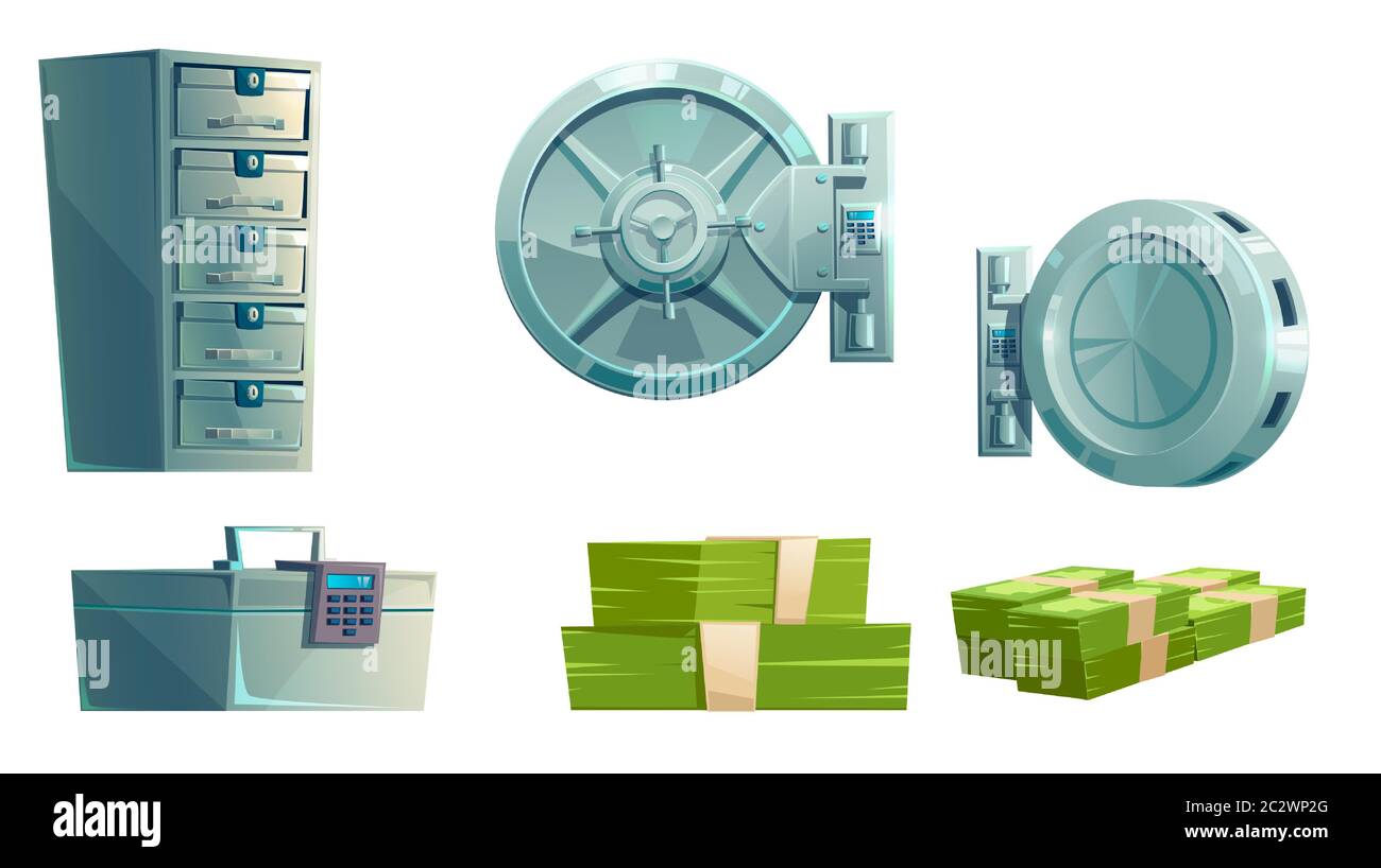 Banca volta, tondeggiante metallo porte aperte e chiuse con serratura elettronica a combinazione, cassaforte portatile e pile di banconote cartoni animati illustra Illustrazione Vettoriale