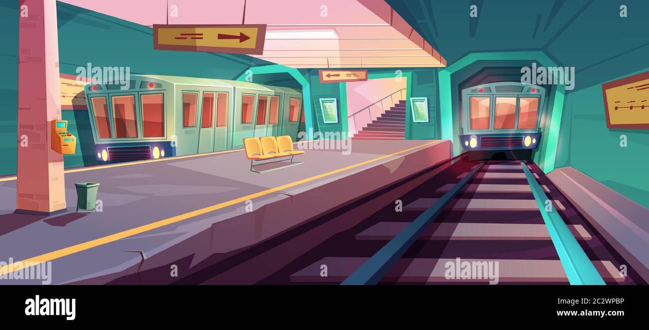 Stazione della metropolitana, arrivo in treno a binario della metropolitana vuoto dal tunnel sotterraneo. Cartoni animati vettoriali illustrazione della metropolitana interno con biglietto di vendita mac Illustrazione Vettoriale