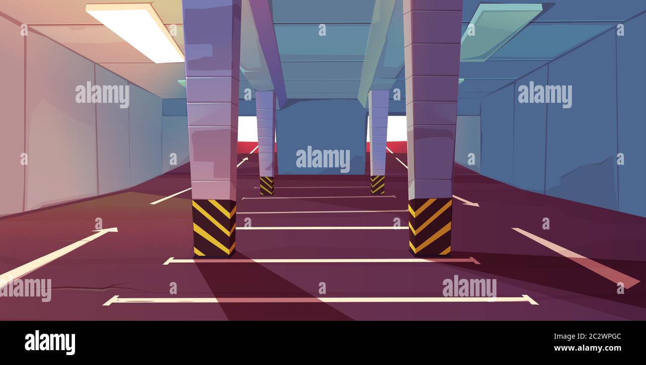 Parcheggio sotterraneo con posti vuoti e di marcatura. Area vuota per il trasporto nel seminterrato dell'edificio con colonne e frecce di guida che mostrano la via di uscita, Illustrazione Vettoriale