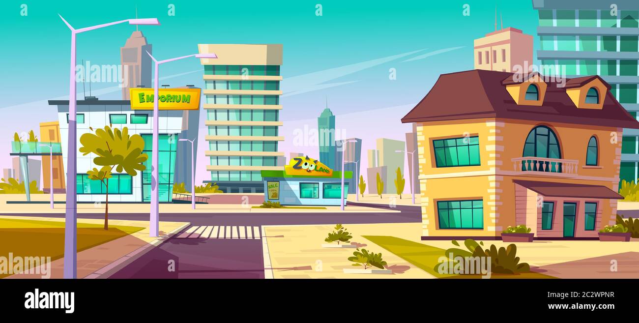 Paesaggio urbano di strada con centro commerciale e edifici residenziali in background, vettore cartoon. Paesaggio urbano con crocevia, marciapiede, facciata dell'edificio Illustrazione Vettoriale