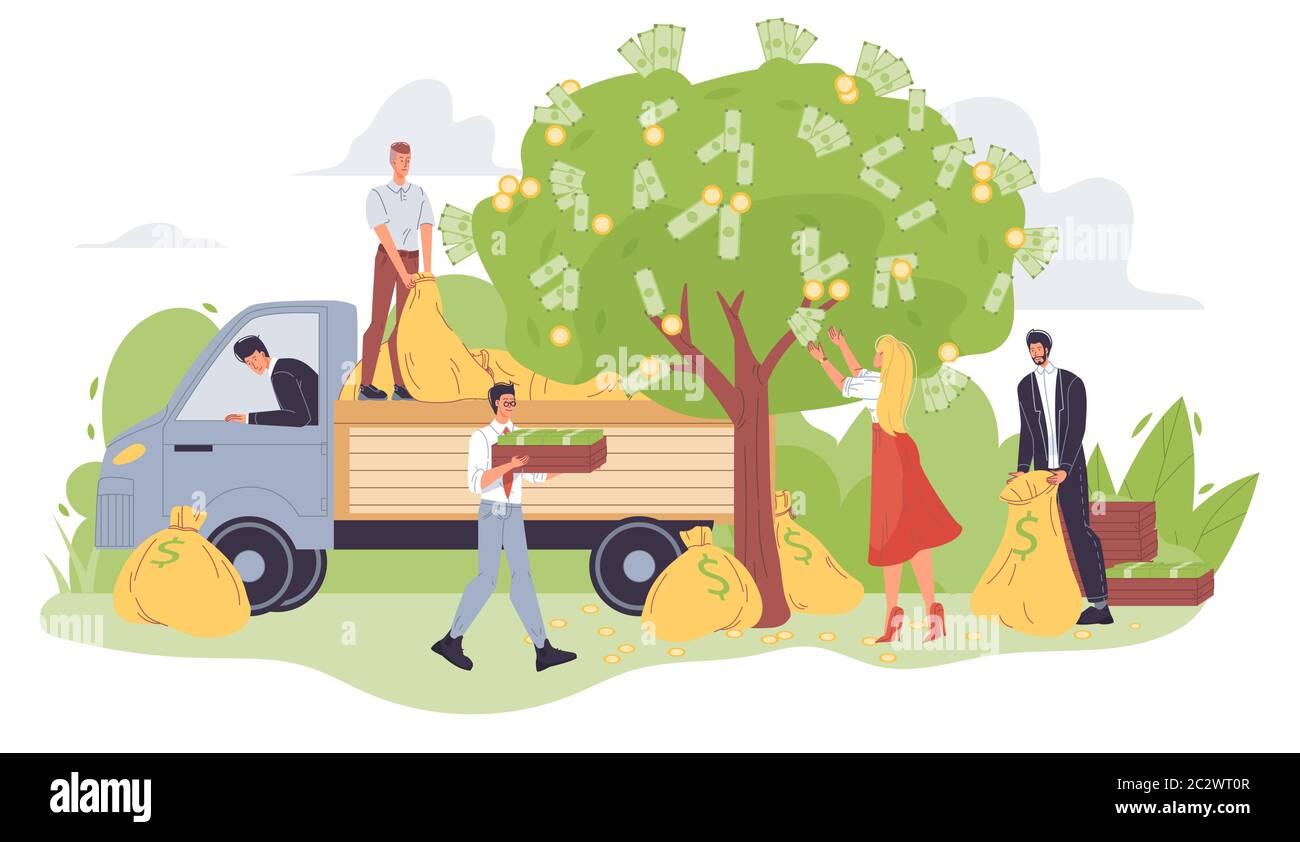 Raccogliendo la gente che raccoglie i soldi dall'albero verde Illustrazione Vettoriale