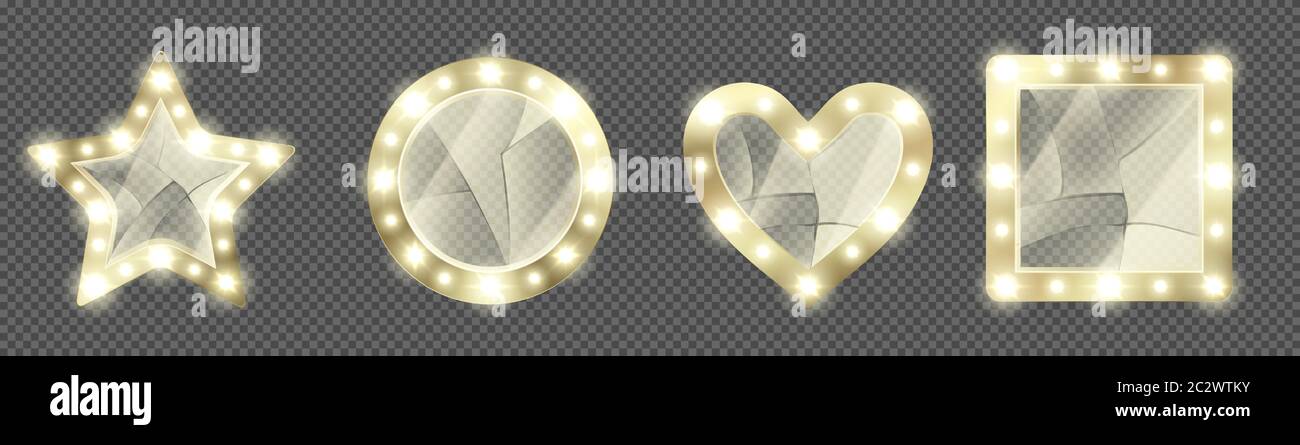 Specchi da trucco rotti in cornice d'oro con lampadine. Specchi vettoriali realistici rotondi, quadrati, a forma di cuore e stella per spogliatoi con vetro fessurato Illustrazione Vettoriale