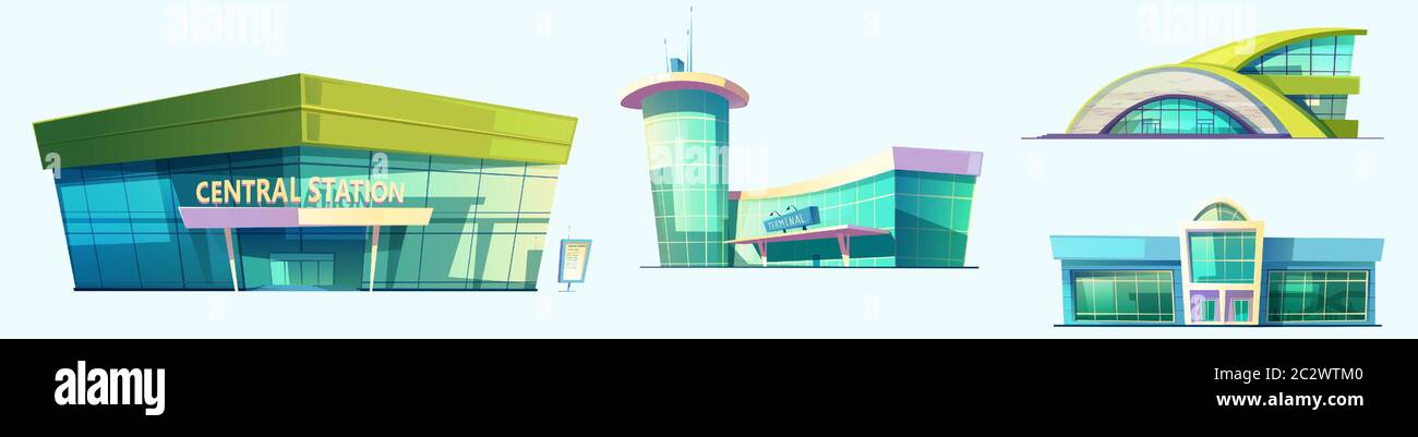 Edifici moderni di stazione degli autobus o dei treni, terminal dell'aeroporto e porto. Insieme vettoriale di icone cartoni animati di edifici di trasporto urbano isolati su bianco b Illustrazione Vettoriale