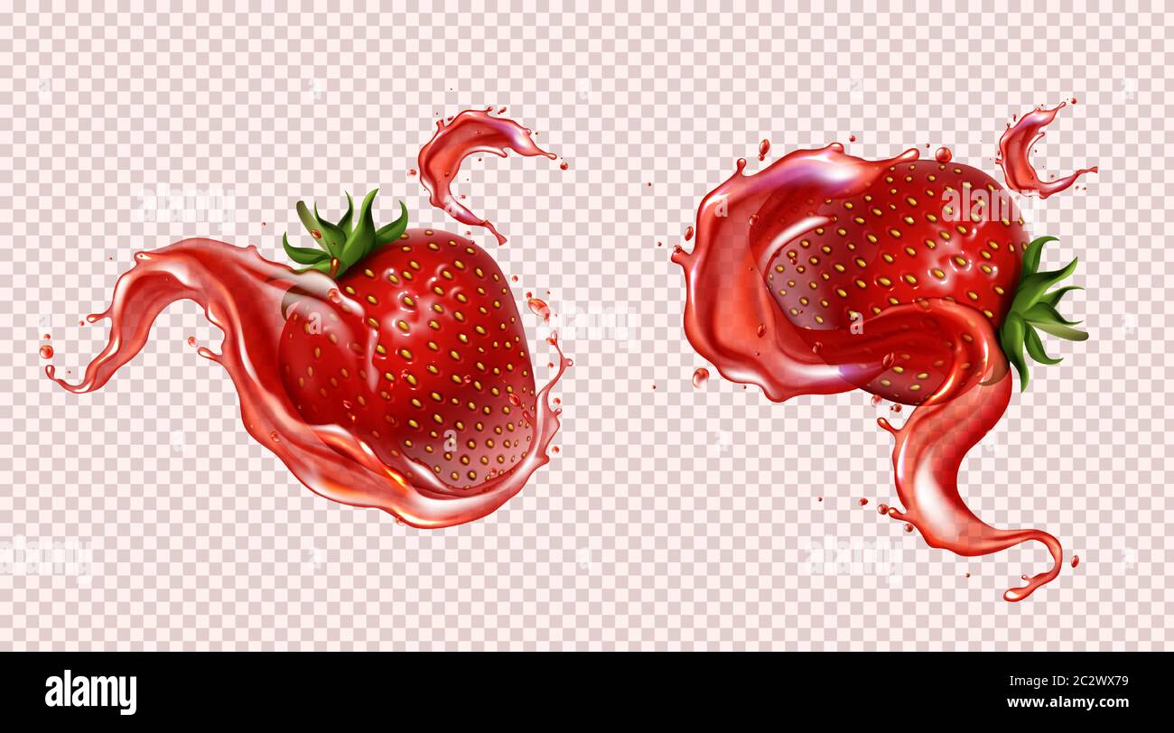 Fragola con spruzzi di succo, illustrazione vettoriale realistica. Bacche rosse dolci mature con foglie verdi e semi in liquido cadente con gocce volanti, iso Illustrazione Vettoriale