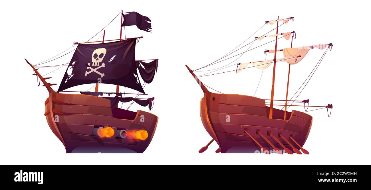 Nave pirata e vicolo schiavo con remi isolati su sfondo bianco. Barche di legno con vele bianche e nere, cannoni sparatori e brulicante bandiera roger. O Illustrazione Vettoriale