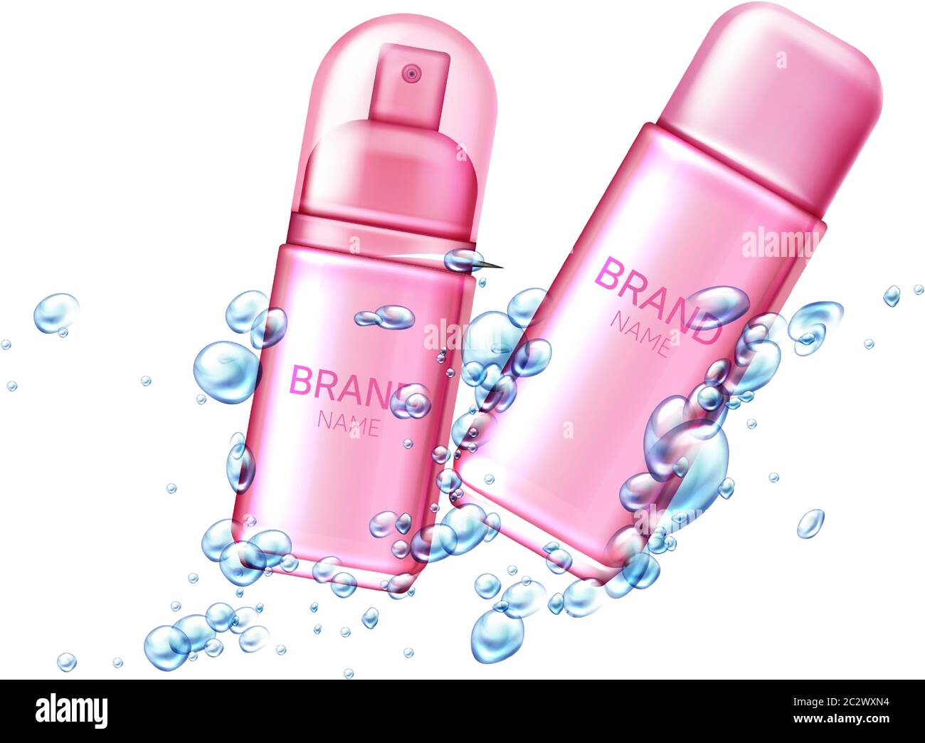 Deodorante spray in bomboletta aerosol di alluminio con bolle d'aria o gocce d'acqua vettore prodotto cosmetico realistico, antitraspirante in bottiglie di metallo rosa con p. Illustrazione Vettoriale