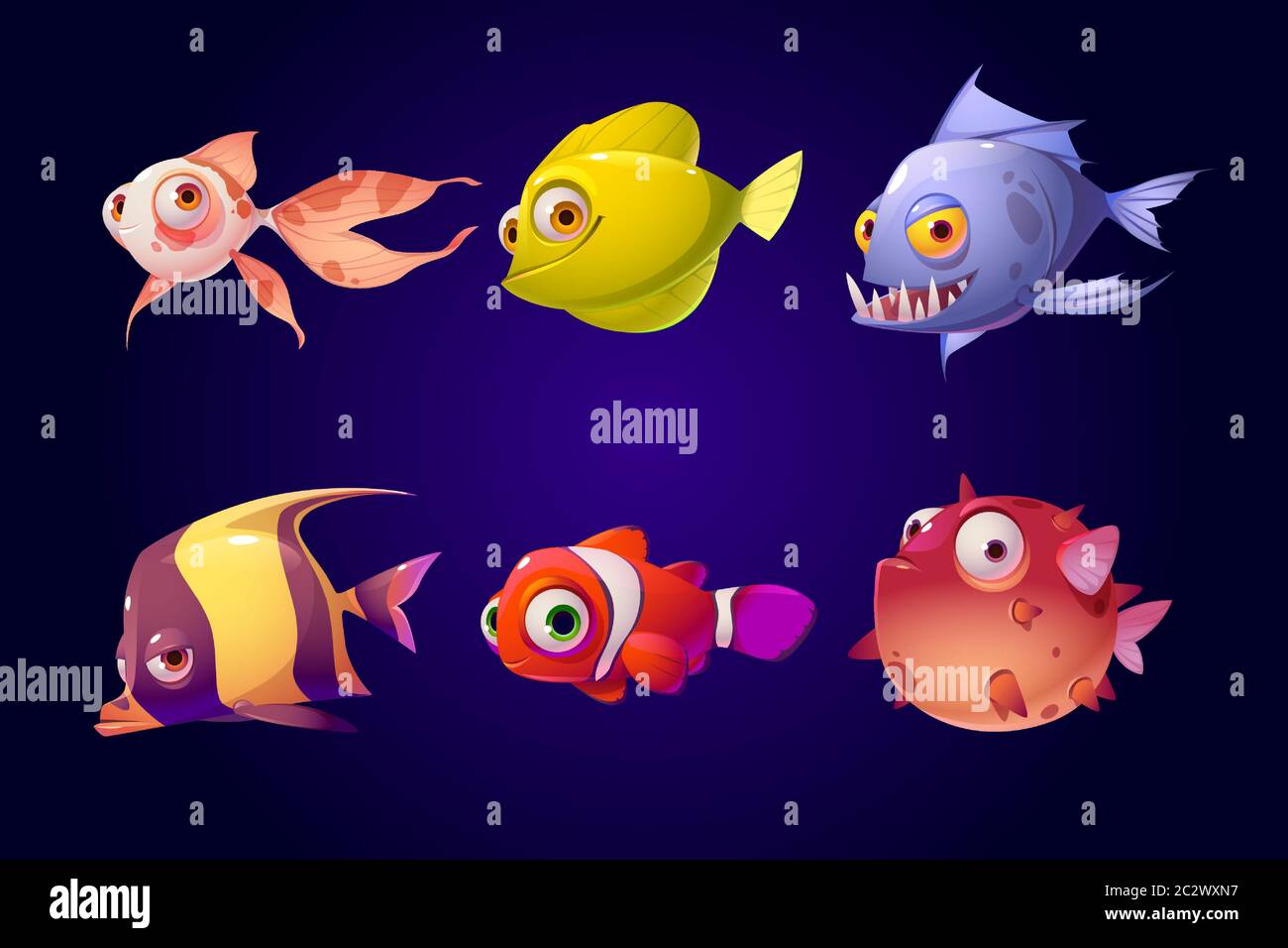 Set di pesci di mare, acquario tropicale colorato e creature marine  oceaniche con cute sorridenti volti e grandi occhi, personaggi per il gioco  del computer, pesci di mare Immagine e Vettoriale -