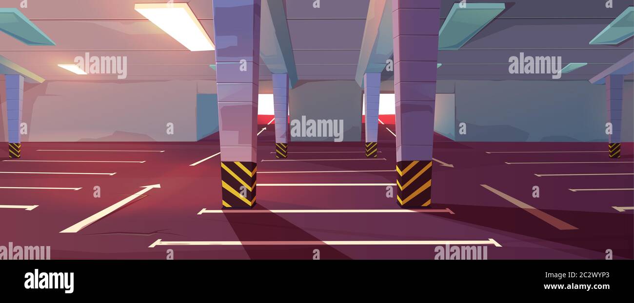 Parcheggio sotterraneo. Garage sotterraneo vuoto con colonne, segnaletica stradale lotti per automobili e frecce guida in corridoio. Interno cartoon vettoriale Illustrazione Vettoriale