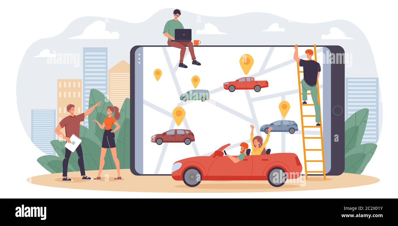 Servizio mobile di car sharing per la cooperazione tra le persone Illustrazione Vettoriale