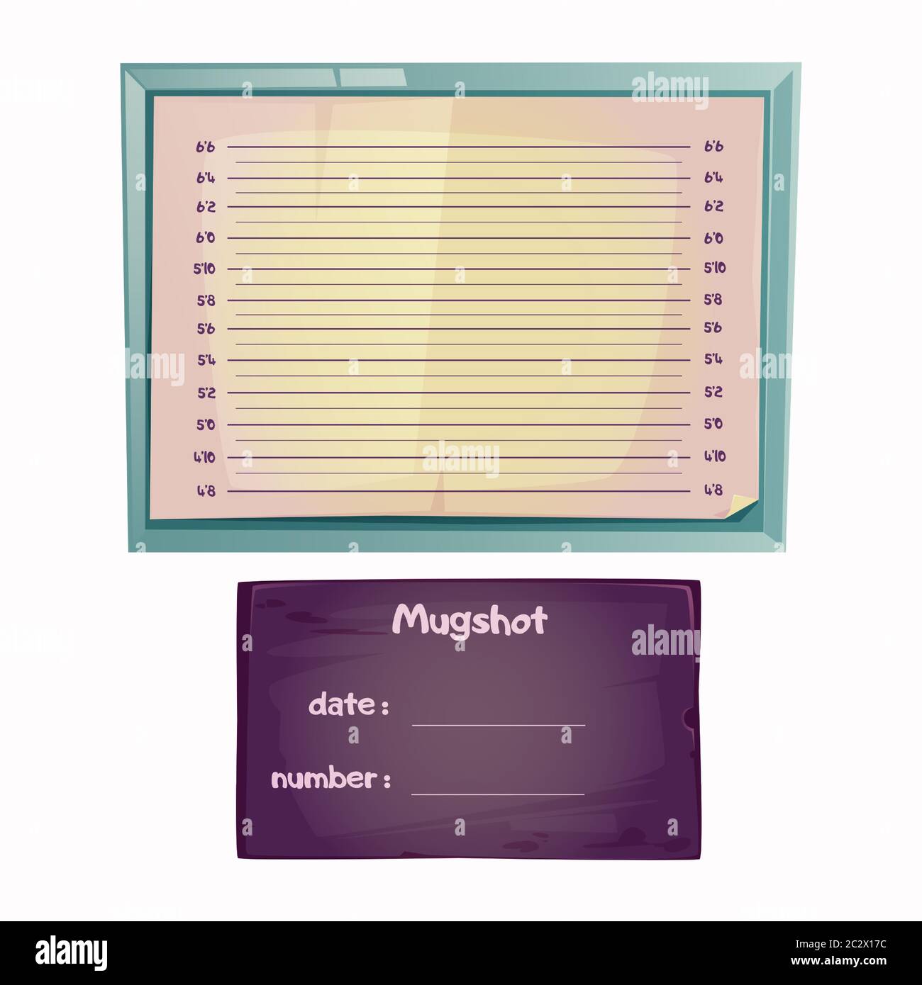 Polizia mugshot per identificazione sospetta o criminale in prigione. Vettore cartoon blank lineup modello con scala di altezza per foto di arrestato, voluto Illustrazione Vettoriale