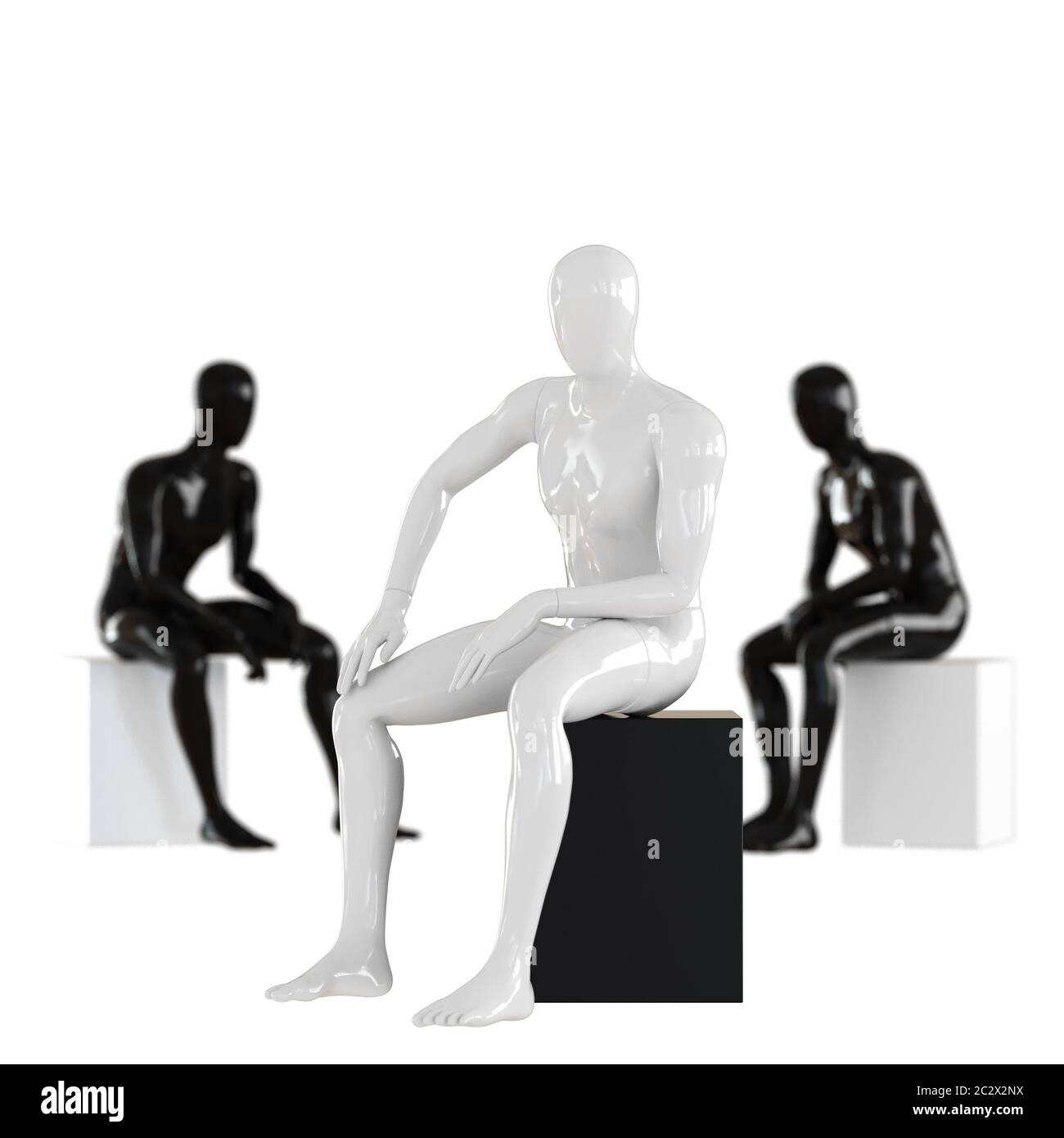 Manichino bianco ragazzo si siede su uno sfondo di due manichini neri. Effetto profondità di campo.rendering 3D Foto Stock
