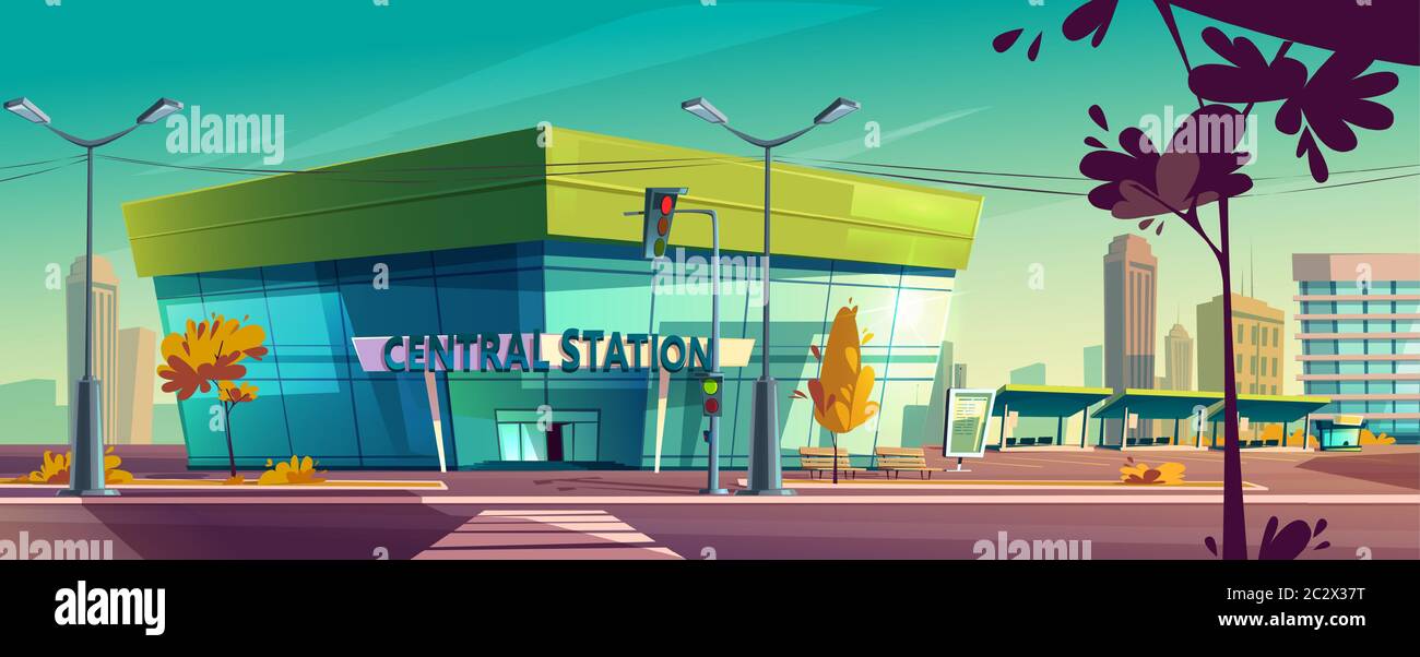 Stazione centrale degli autobus. Vector Cartoon paesaggio urbano con moderno edificio di trasporto cittadino, strada con semafori e piattaforma con panchine. In attesa Illustrazione Vettoriale
