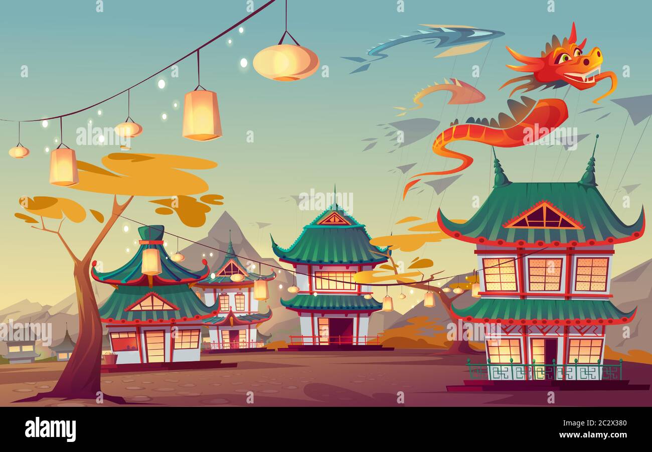 Weifang kite festival in Cina. Paesaggio vettoriale cartoon del villaggio cinese con case tradizionali, lanterne bagliore sulla strada e volante carta rossa trascinamento Illustrazione Vettoriale