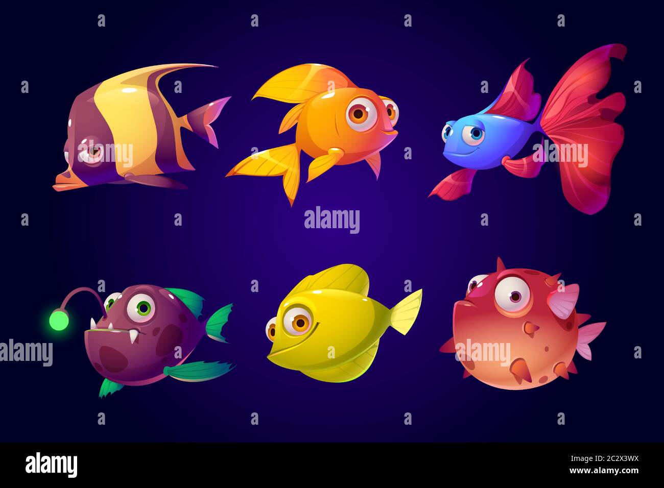 Set di pesci di mare, acquario tropicale colorato e creature marine  oceaniche con cute sorridenti volti e grandi occhi, personaggi per il gioco  del computer, pesci di mare Immagine e Vettoriale -