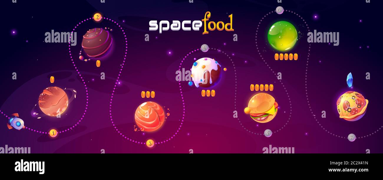 Mappa del livello del gioco di cibo spaziale. Vector ui play design con razzo in universo divertente con pianeti alieni con pizza, caramelle al cioccolato, hamburger e pane textur Illustrazione Vettoriale