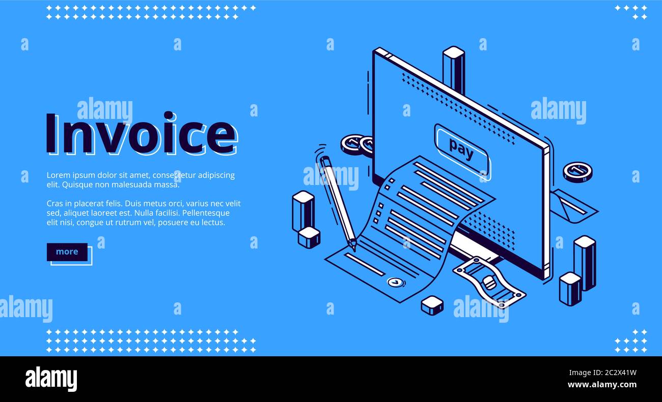 Pagina di destinazione isometrica della fattura. Grande fattura per il pagamento di tasse o servizi che esce dallo schermo del computer desktop. Shopping, banca, contabilità Paycheck, s Illustrazione Vettoriale
