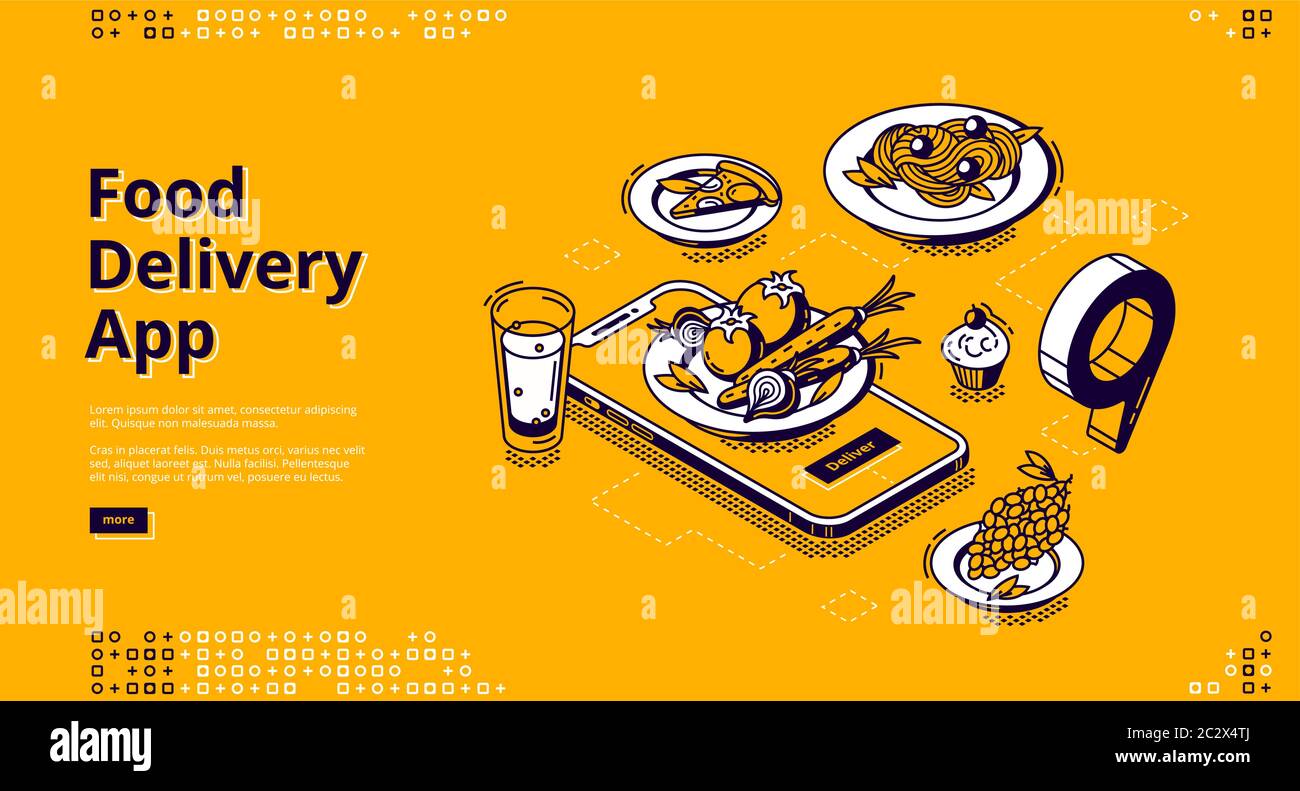 Pagina di destinazione isometrica dell'app per la consegna di alimenti.  Servizio mobile online per ordinare pasti, smartphone con piastra sullo  schermo e localizzatore gps sulla mappa dell'applicazione Immagine e  Vettoriale - Alamy