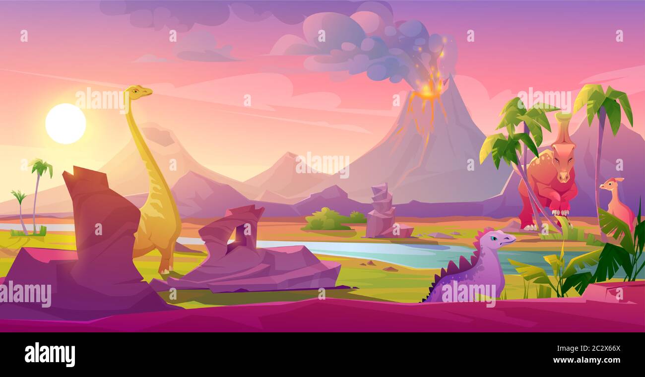 Dinosauri in eruzione sul paesaggio vulcanico. Preistorico eruzioni vulcaniche sfondo, palme cielo con sole splendente. Era Giurassica dell'evoluzione della Terra, t Illustrazione Vettoriale