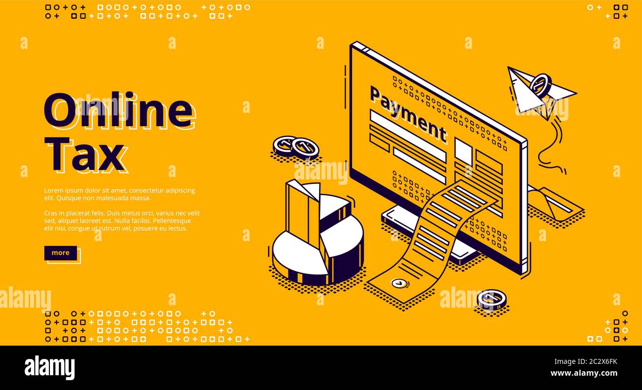 Pagina di destinazione Isometrica delle imposte online. Grande fattura di pagamento che esce dallo schermo del computer desktop. Tecnologie intelligenti per la contabilità bancaria, applicazione per Illustrazione Vettoriale