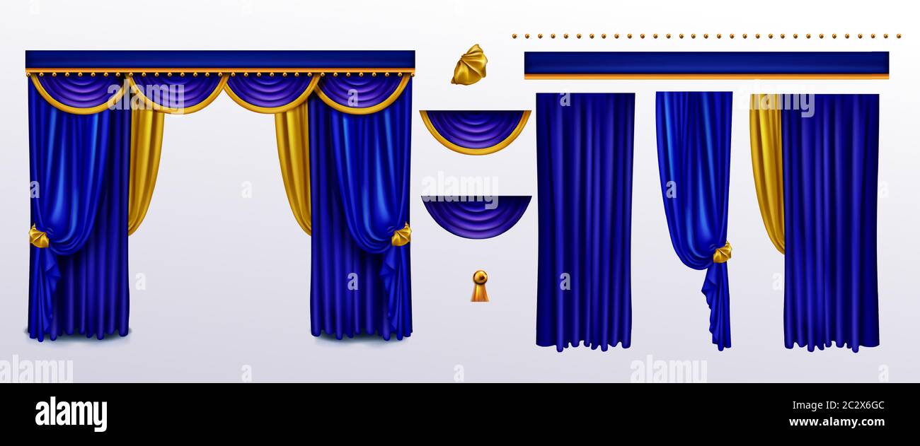 Set di tende realistiche, panno blu ripiegato con lacci dorati e pelmet per  la decorazione di finestre o teatro, design degli interni. Tessuto di lusso  in seta o vel Immagine e Vettoriale -