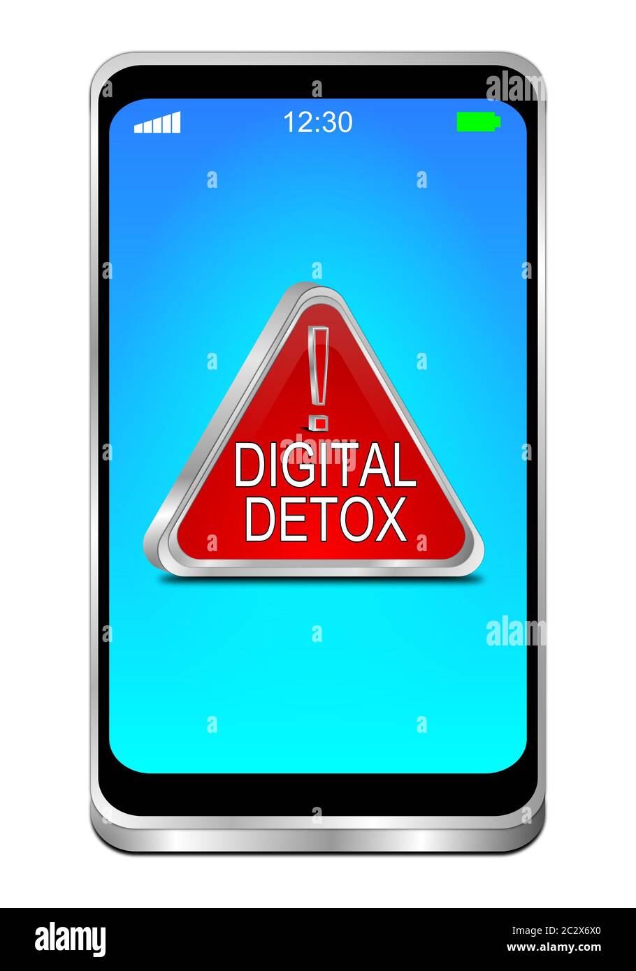 Smartphone con pulsante Detox digitale rosso su display blu - illustrazione 3D Foto Stock