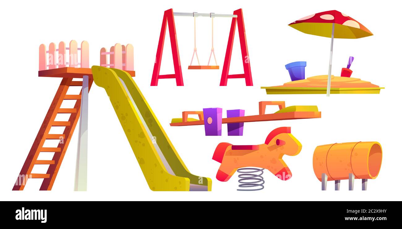 Parco giochi per bambini nel parco, giardino o cortile con scivolo, sandbox e altalena. Attrezzature vettoriali per cartoni animati su campo giochi per bambini, segale, slider, sandp Illustrazione Vettoriale