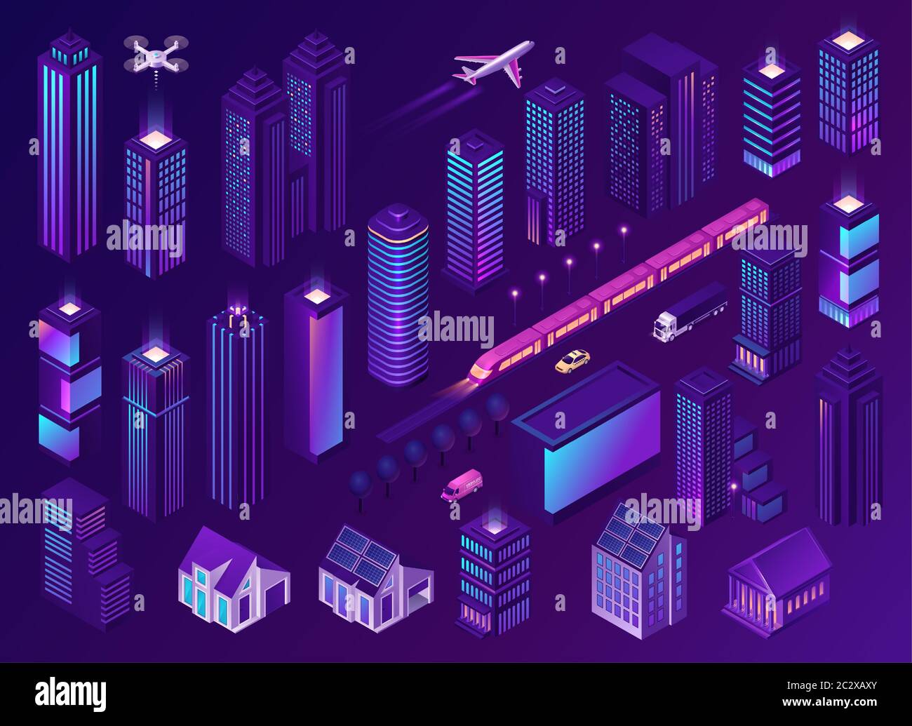 Città intelligente con edifici moderni, tecnologie e trasporti. Illustrazione vettoriale isometrica delle infrastrutture urbane con grattacieli, case e frattaglie Illustrazione Vettoriale