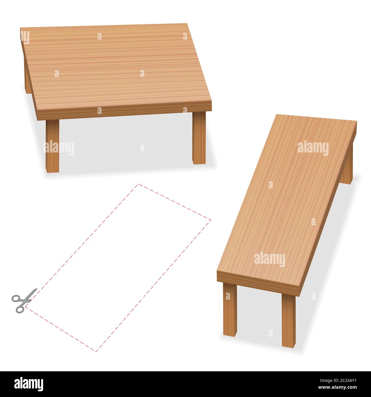 Illusione ottica, due tavoli con piano portapaziente delle stesse dimensioni. Ritagliare il rettangolo rosso, confrontare, controllare e domandarsi - illustrazione su sfondo bianco. Foto Stock