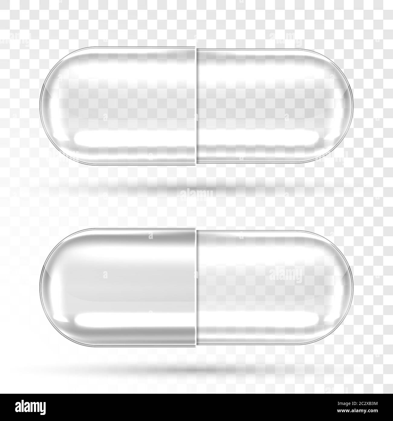Capsule vuote per pillole isolate su sfondo trasparente. Vettore realistico mockup di capsule farmaceutiche, compresse mediche, antibiotici o farmaci a base di erbe. Illustrazione Vettoriale
