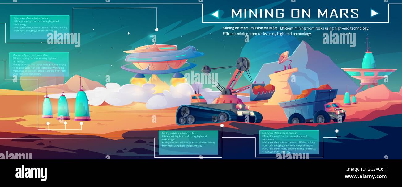 Estrazione dello spazio su Marte. Paesaggio di superficie aliena del pianeta con macchine da costruzione, escavatori e camion. Infografica vettoriale cartoon di esplorazione AN Illustrazione Vettoriale