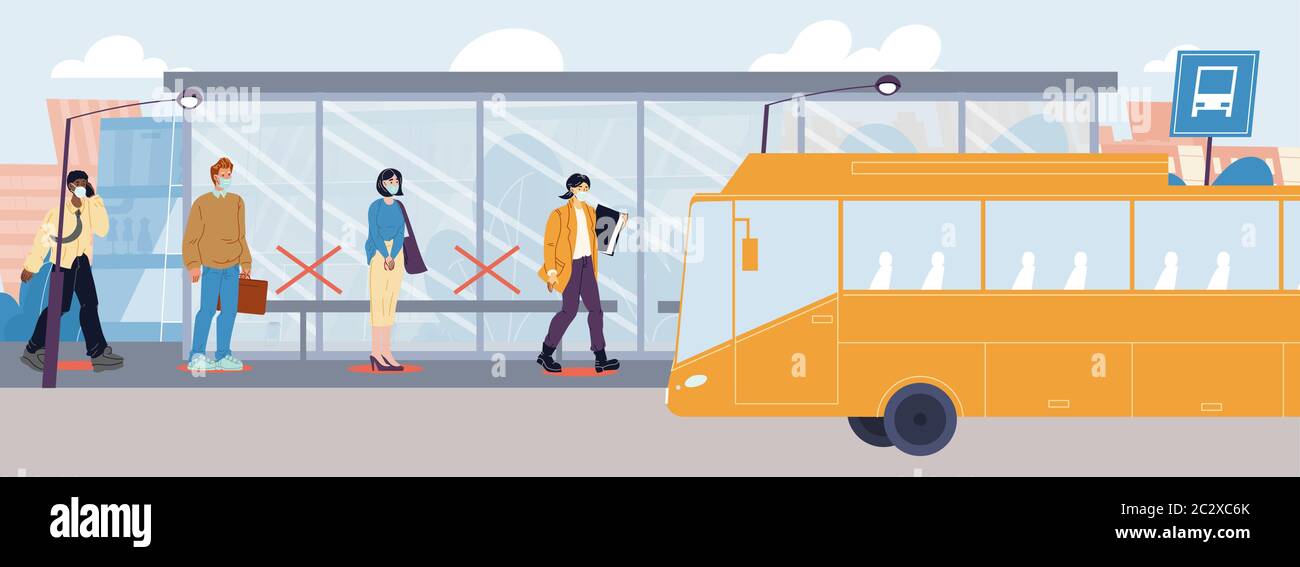 Persone in maschera sociale distanziando alla stazione degli autobus Illustrazione Vettoriale