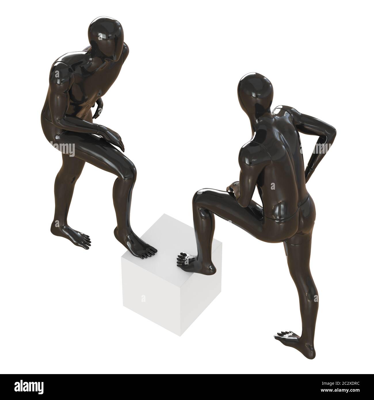 Due manichini neri senza volto si levano in piedi su una scatola bianca. rendering 3d Foto Stock