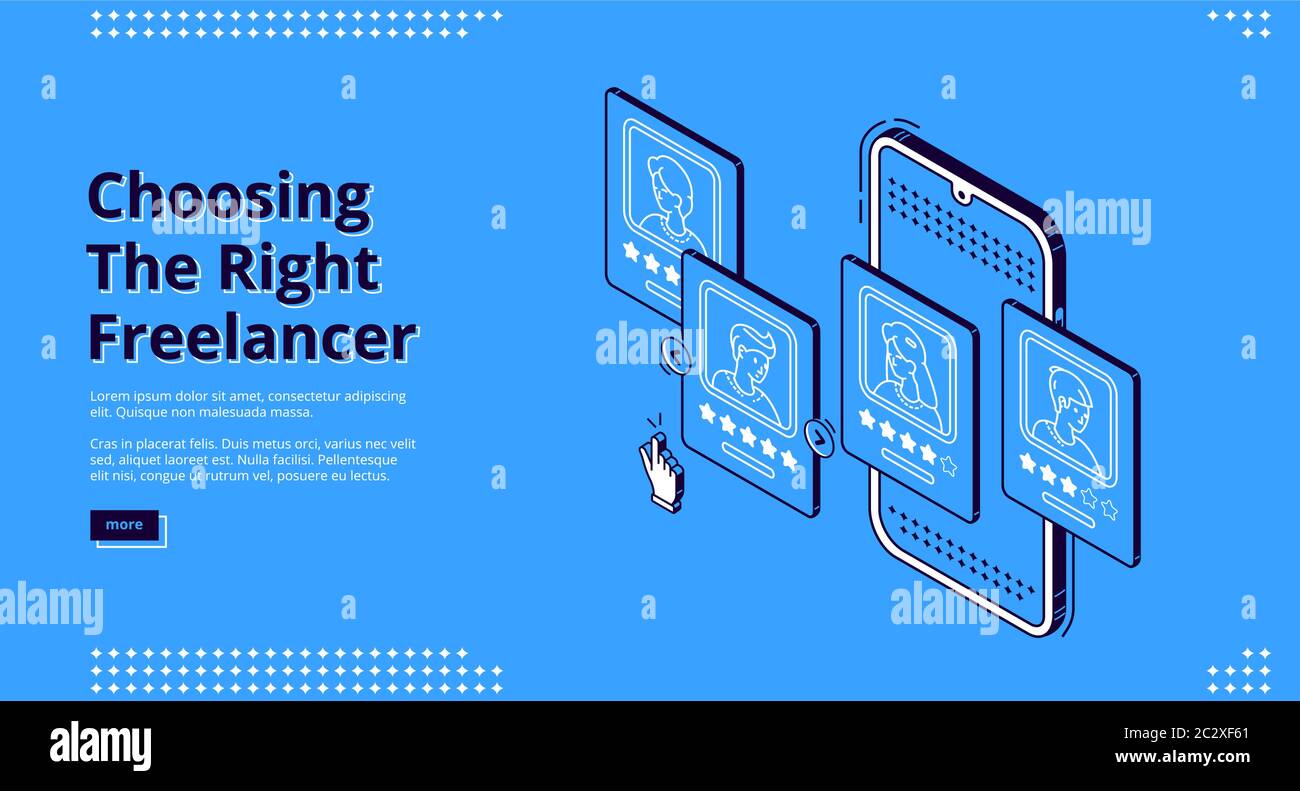 Scegliere il banner freelance di destra. Ricerca e assunzione di dipendenti online. Pagina di destinazione del servizio vettoriale per la revisione e la valutazione dei freelance con isometrr Illustrazione Vettoriale